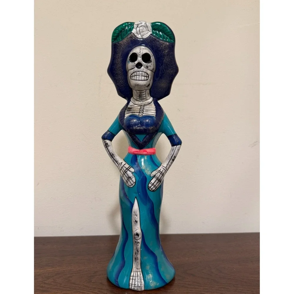 Mexican Ceramic La Catrina Skeleton Figurine Day of the Dead Folk Art Blue 12.5